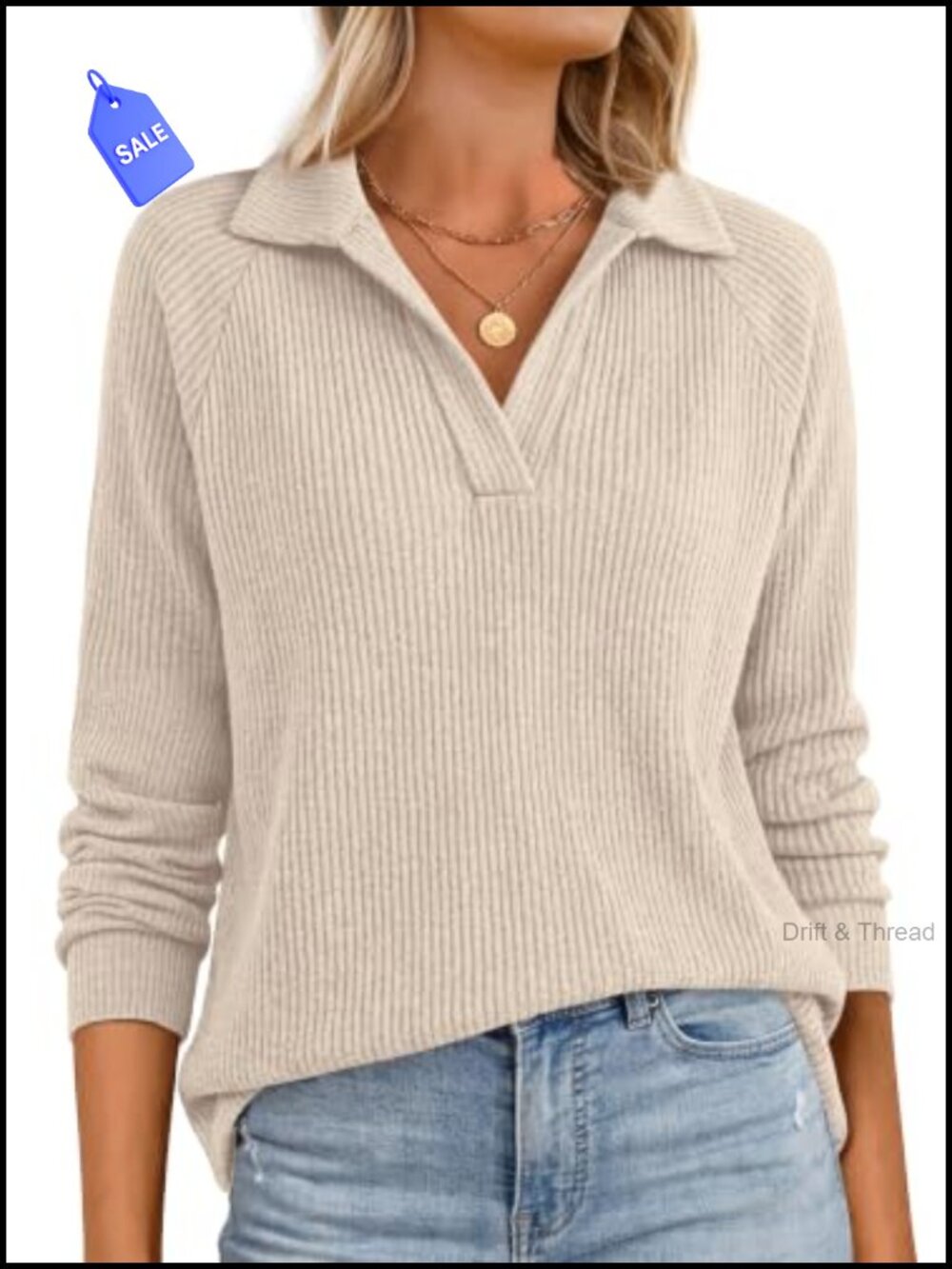 Women's Long Sleeve Ribbed Knit Polo Top V-Neck Color Block Pullover